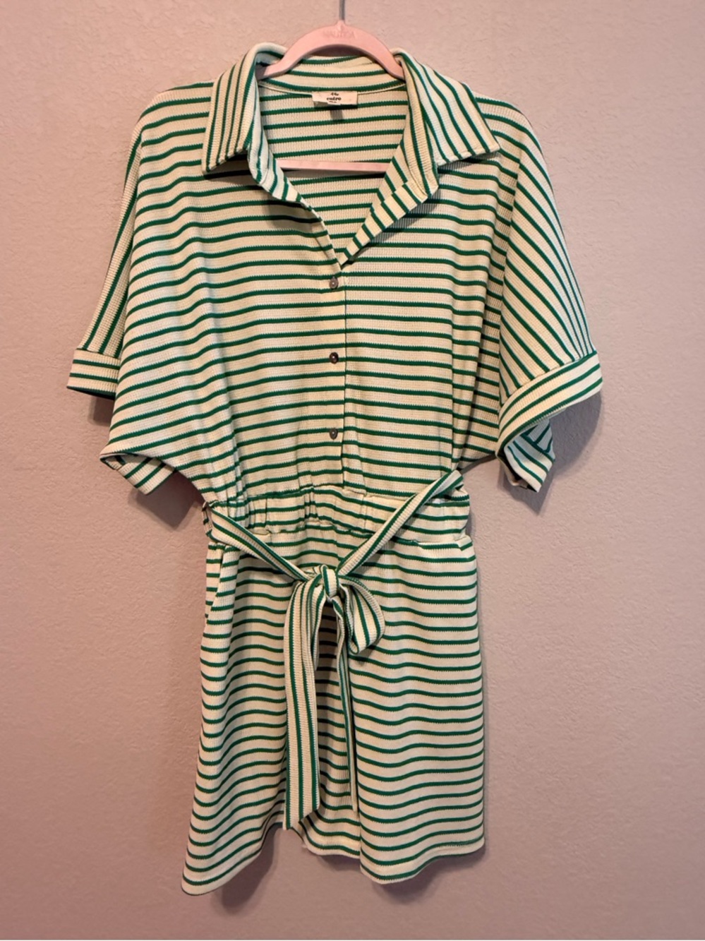 Entro Green & White Striped Tie-Waist Button up Romper Size Small